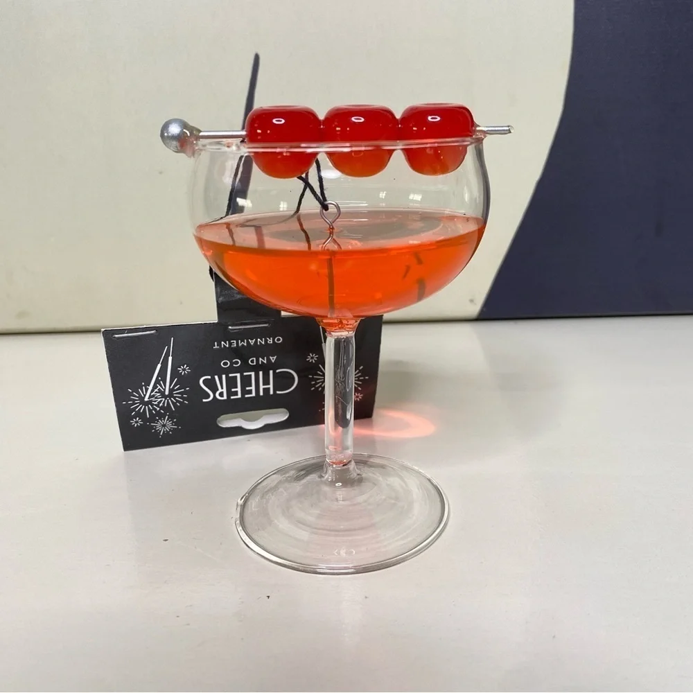 Cocktail Glass Christmas Tree Ornament with red Cherries Nwt